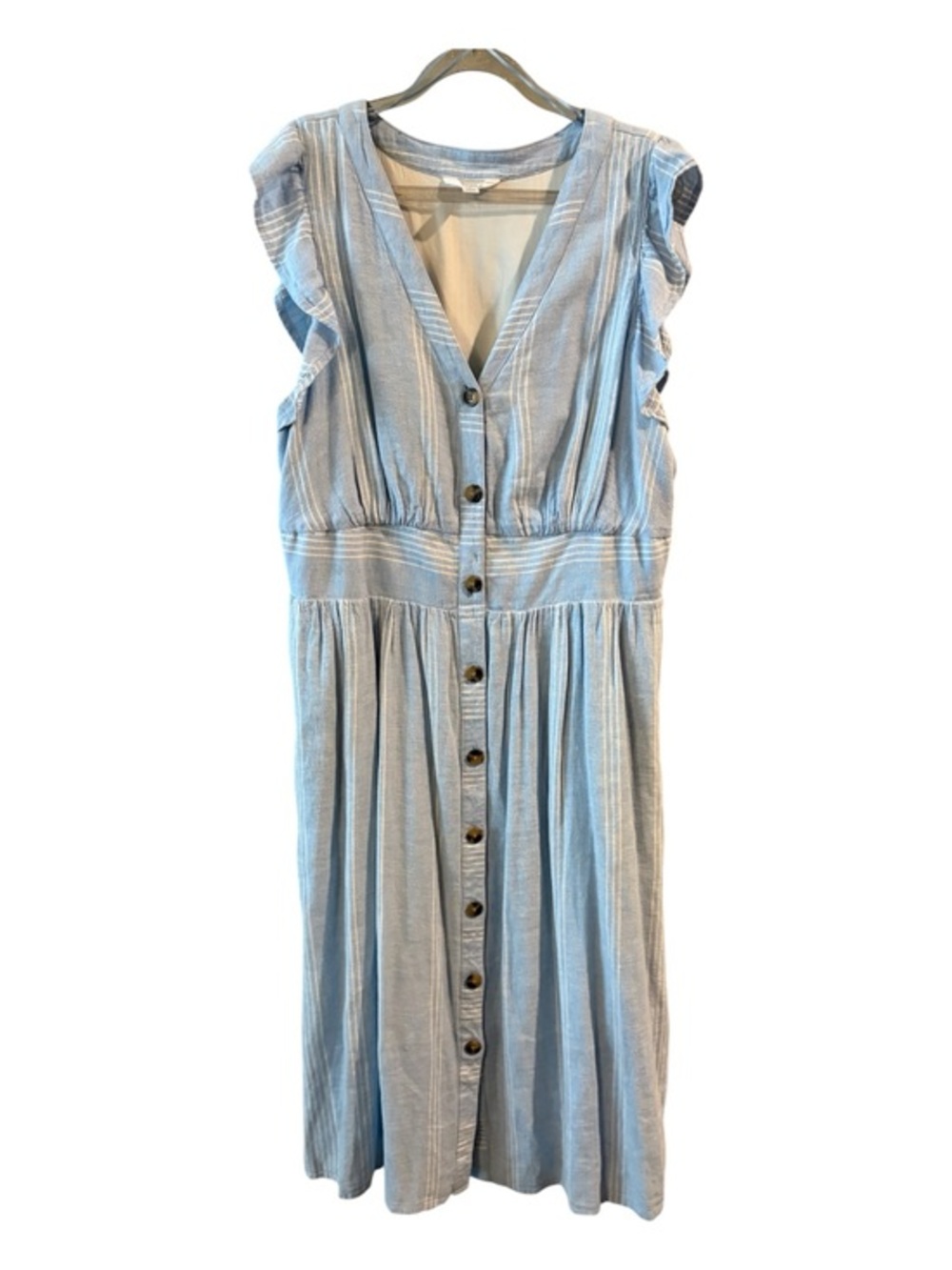 Time and Tru Blue Striped Button Front Midi Dress L Coastal Cottagecore